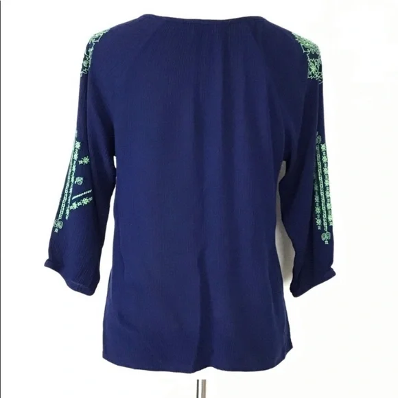 Altar’d State Top Boho Tie Up Blue Embroidery Green Size S - Picture 6 of 7